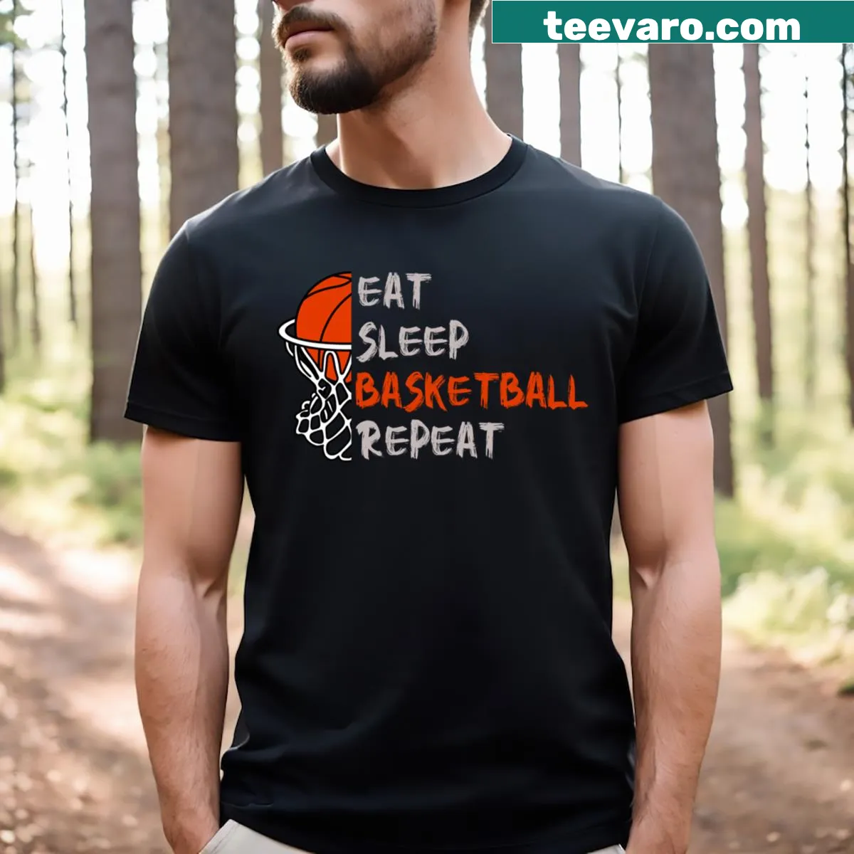 Bold design featuring 'Eat Sleep Basketball Repeat' text — on a men's t-shirt
