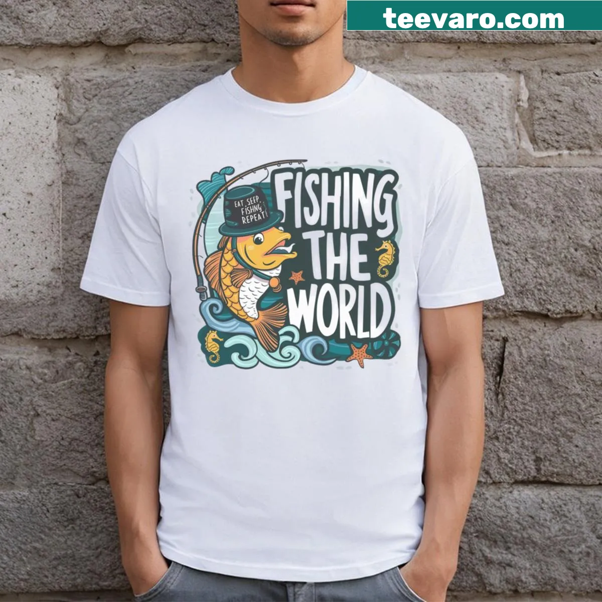 Eat Sleep Fishing Repeat T-shirt with bass graphic and bold text — on a men's t-shirt