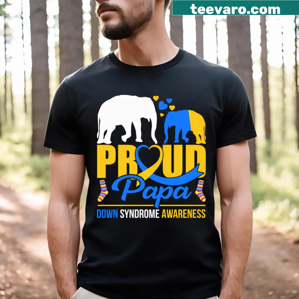 Realistic elephant graphic on T21 T-shirt — on a men's t-shirt