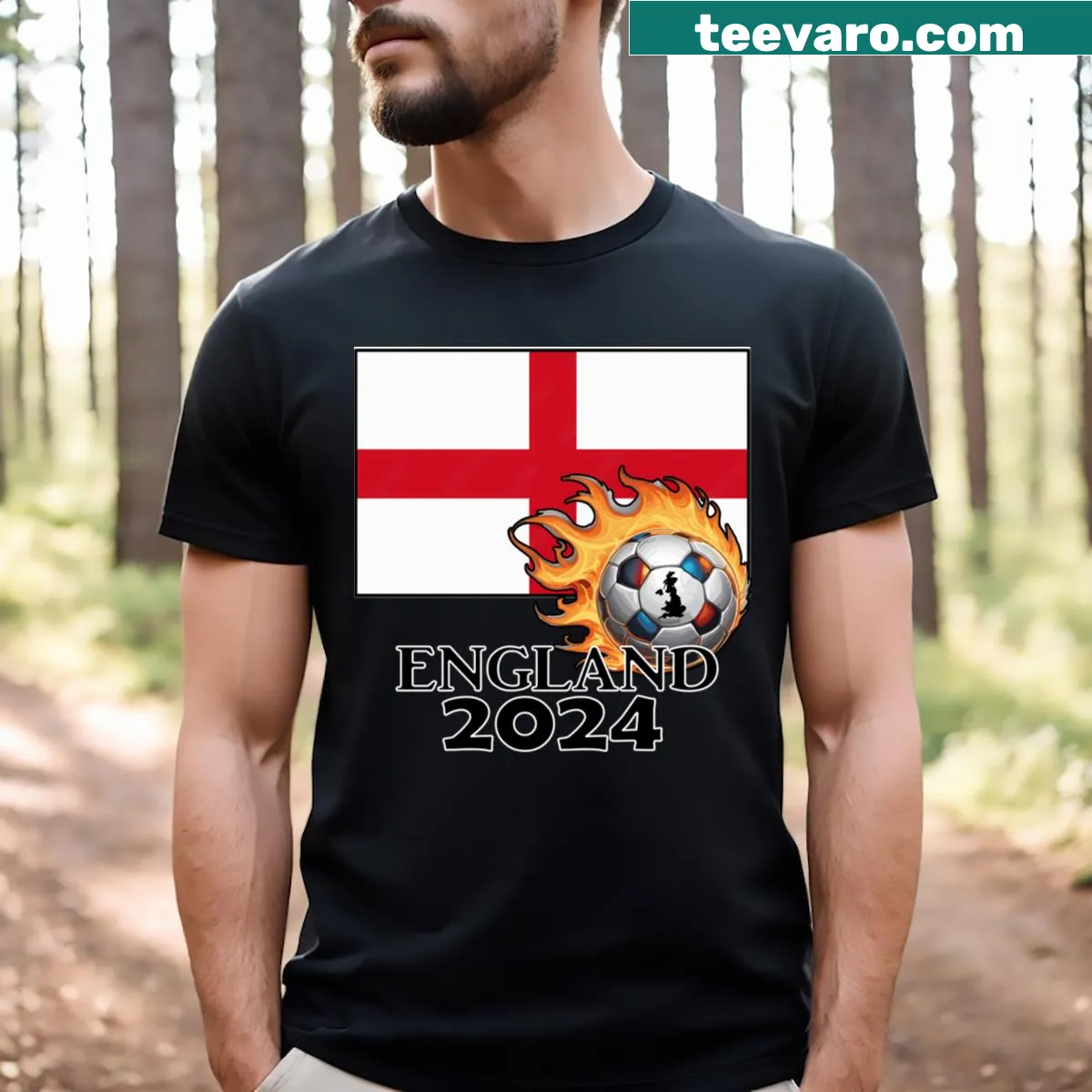 Text graphic saying 'England 2024 Soccer' on a T-shirt — on a men's t-shirt