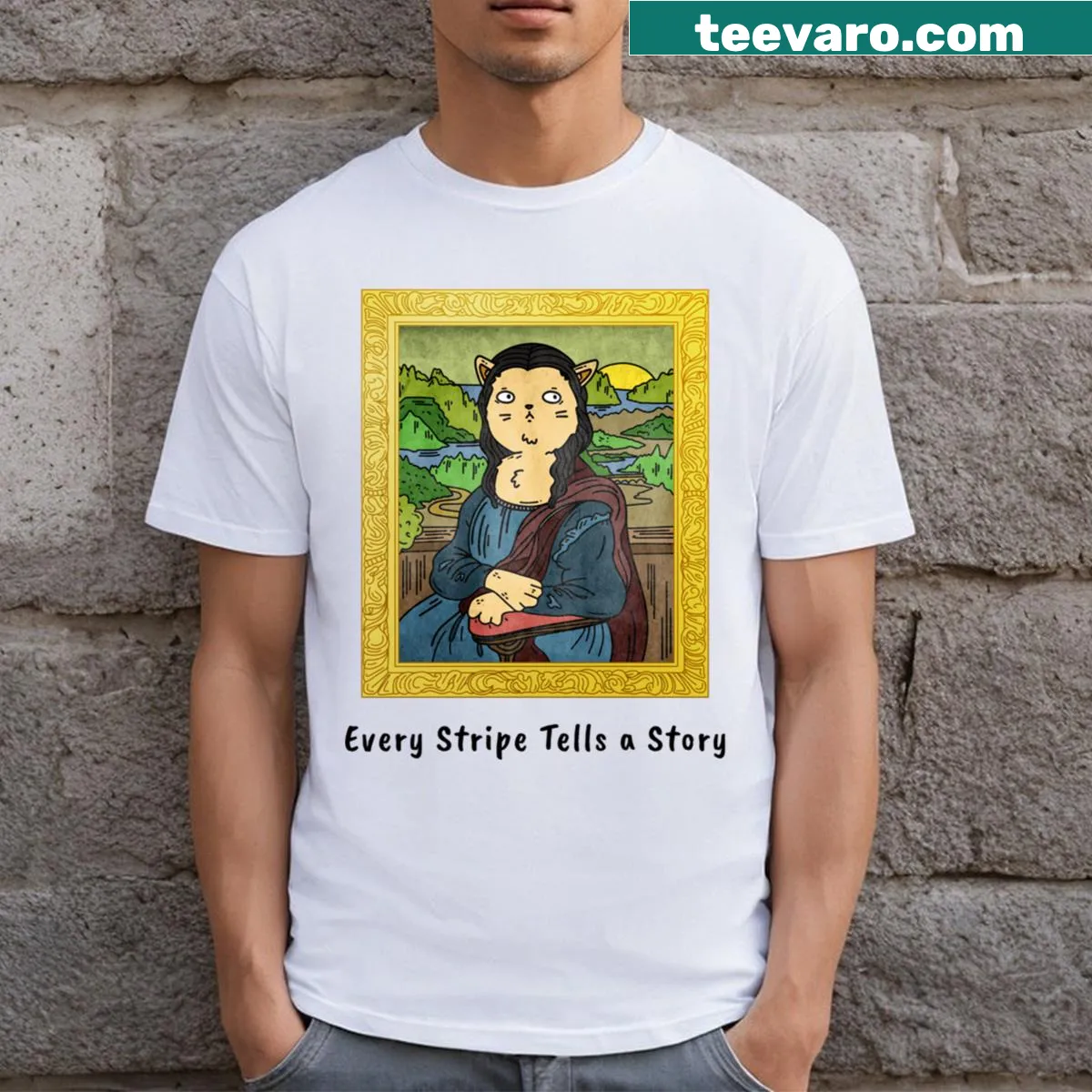 Illustrated T-shirt with tabby cats showcasing their stripes and story — on a men's t-shirt