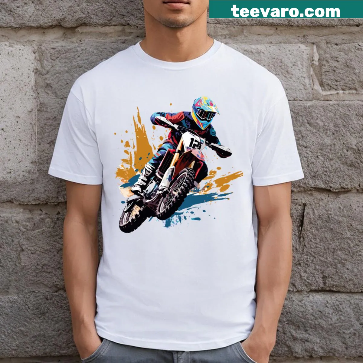 Bold graphic T-shirt inspired by motocross culture and excitement — on a men's t-shirt