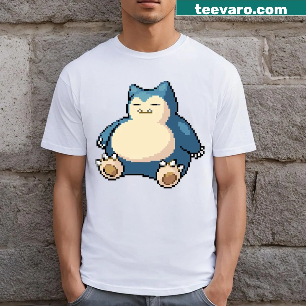 Cartoon Snorlax graphic on a t-shirt with anime themes — on a men's t-shirt