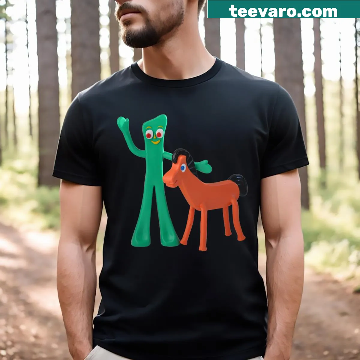 Cartoon graphic t-shirt featuring Gumby and Pokey — on a men's t-shirt