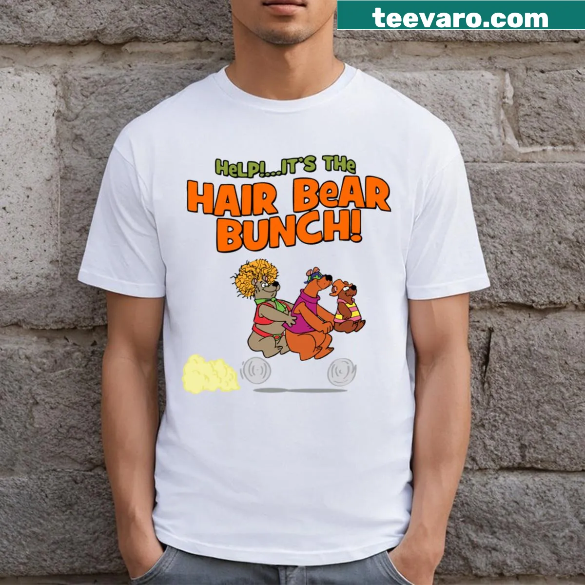 Humorous t-shirt featuring Hair Bear and biking theme — on a men's t-shirt