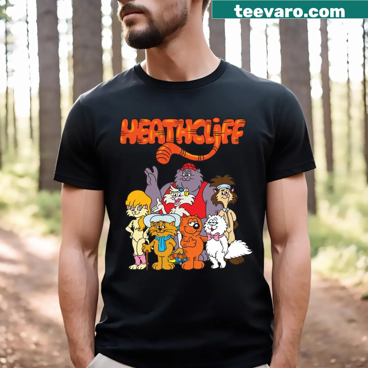 Heathcliff cartoon cat graphic T-shirt — on a men's t-shirt
