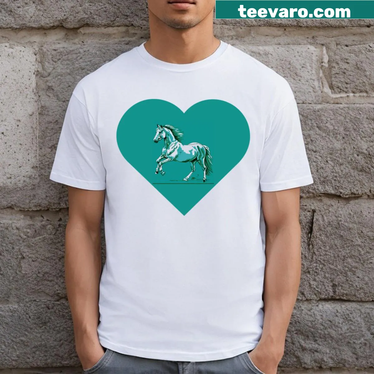 Graphic of a horse breeding theme on a T-shirt. — on a men's t-shirt