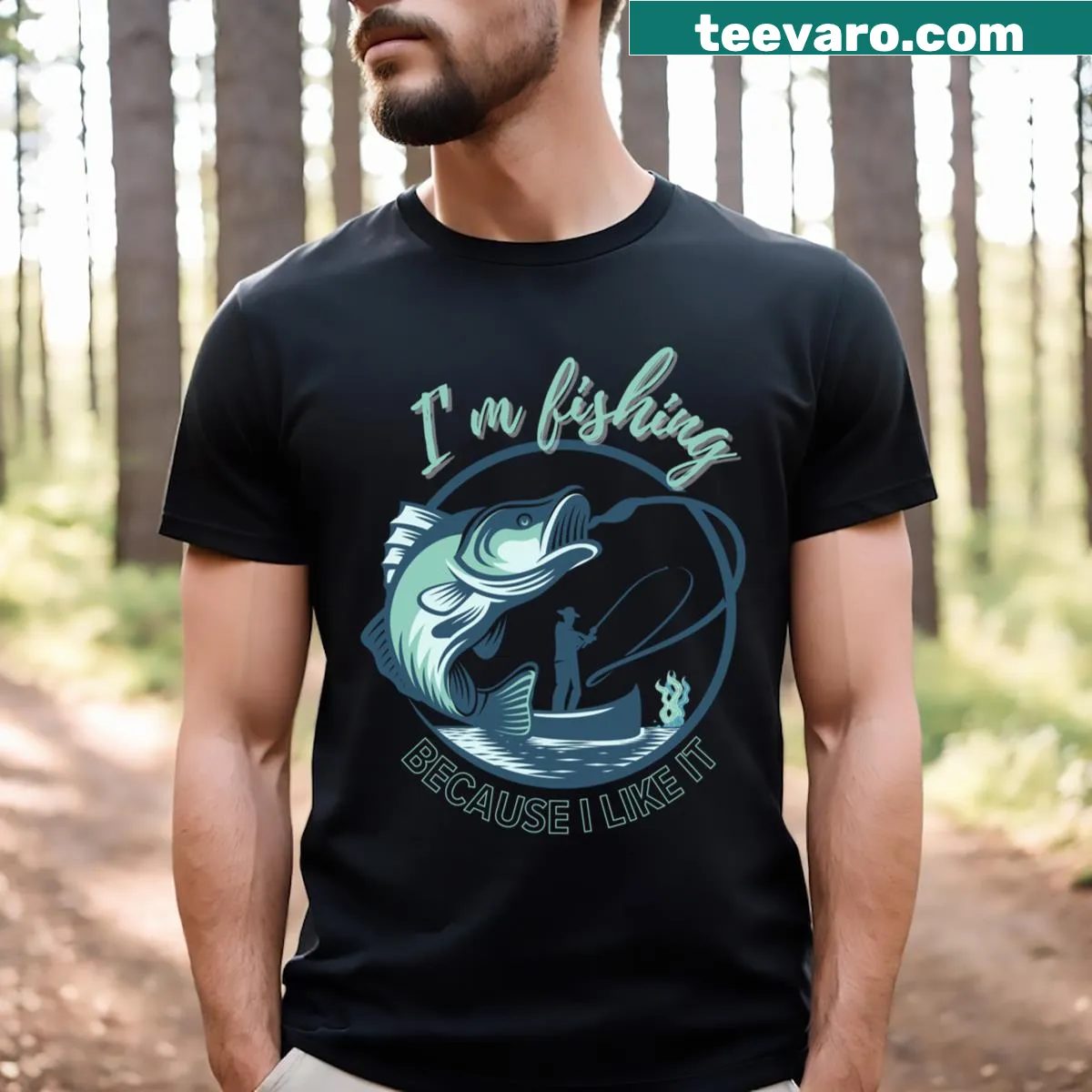 Simple typography T-shirt stating 'I'm Fishing Because I Like It' for fishing fans — on a men's t-shirt