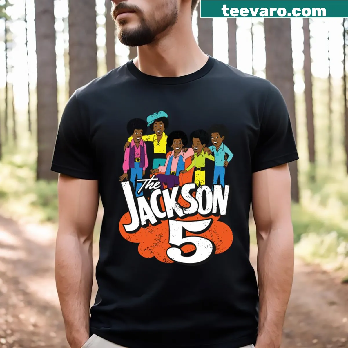 Distressed T-shirt featuring a retro cartoon of the Jackson 5 — on a men's t-shirt
