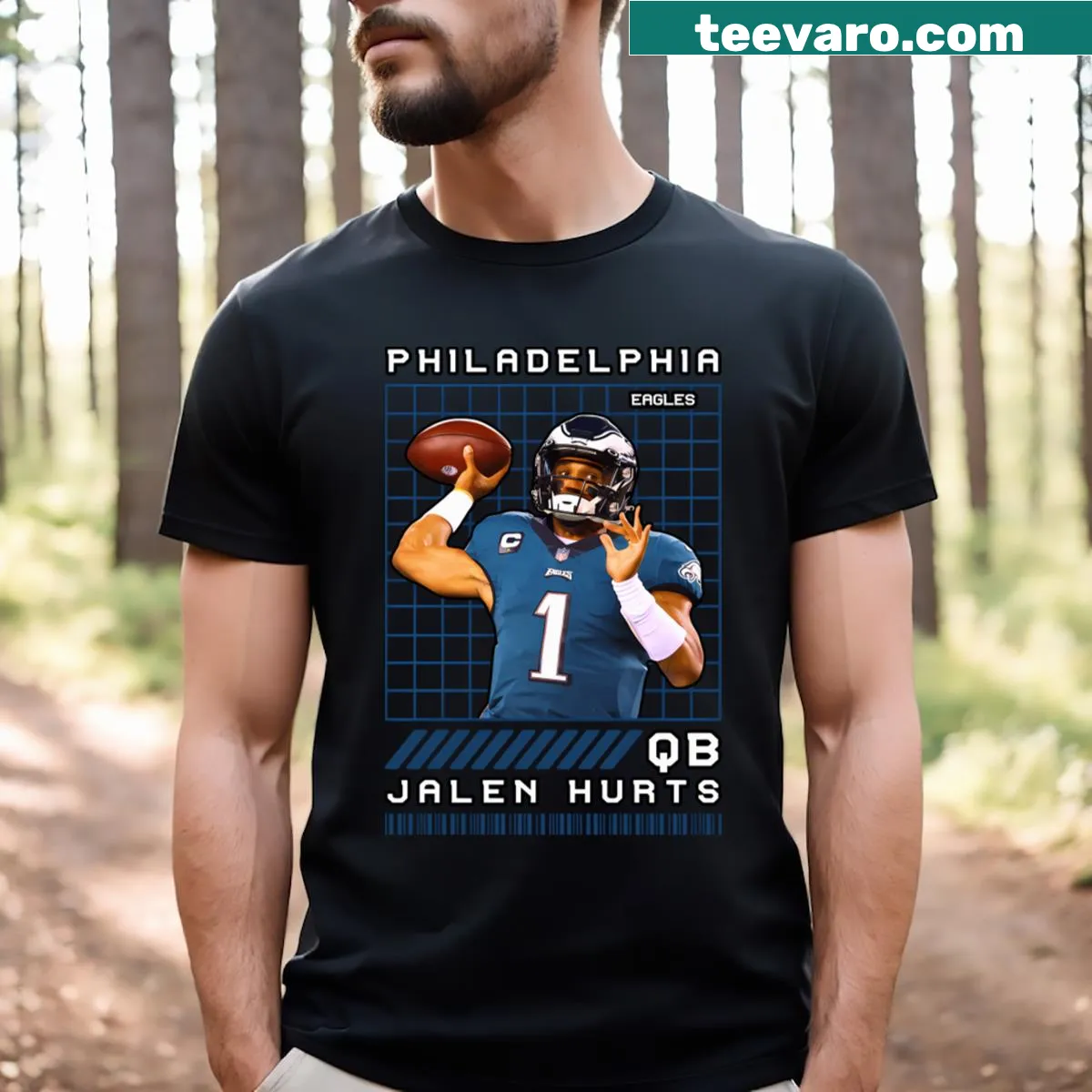 Philadelphia Eagles T-shirt featuring Jalen Hurts' name and number. — on a men's t-shirt