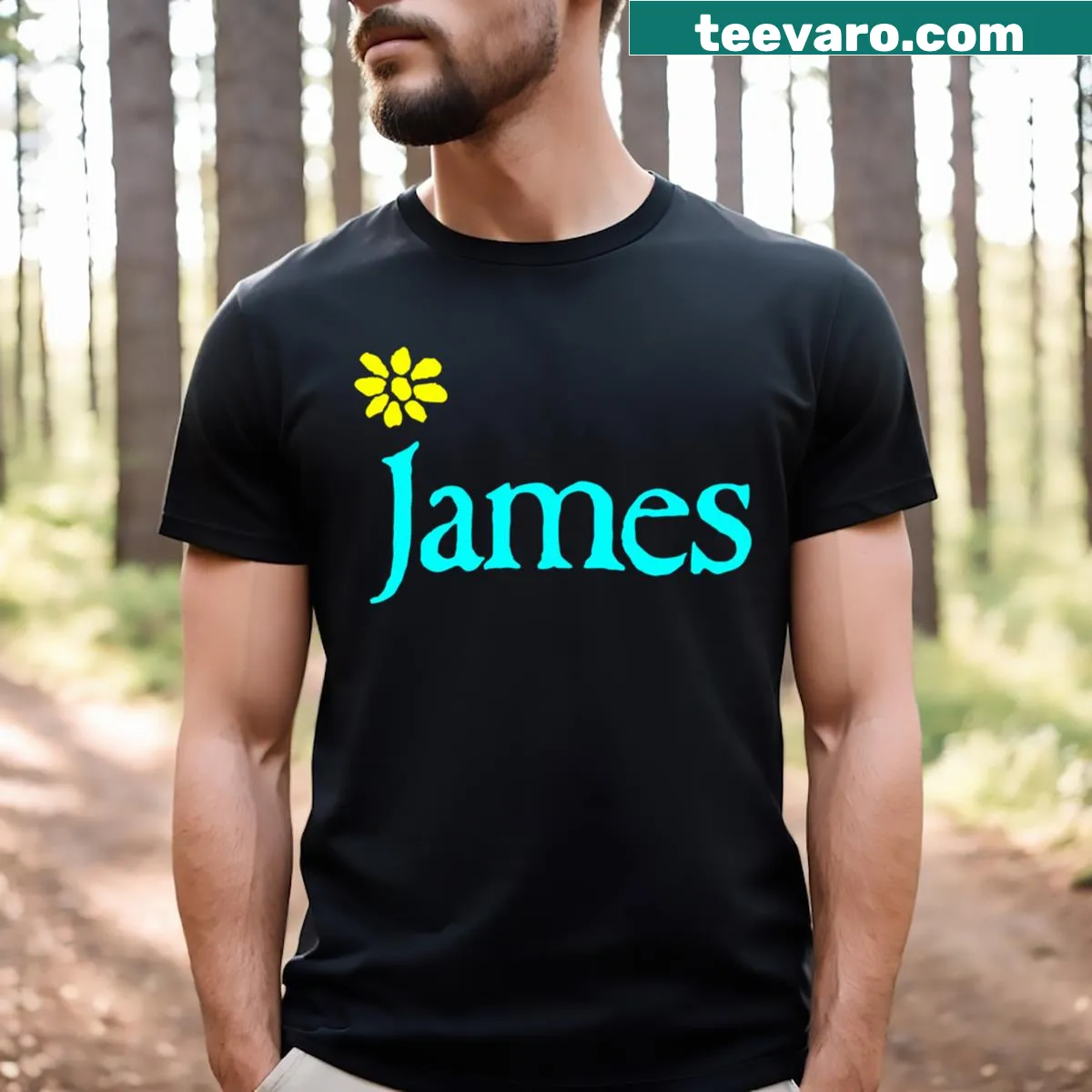 Vintage distressed T-shirt featuring James Band logo — on a men's t-shirt