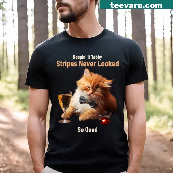 Whimsical tabby cats T-shirt with playful typography