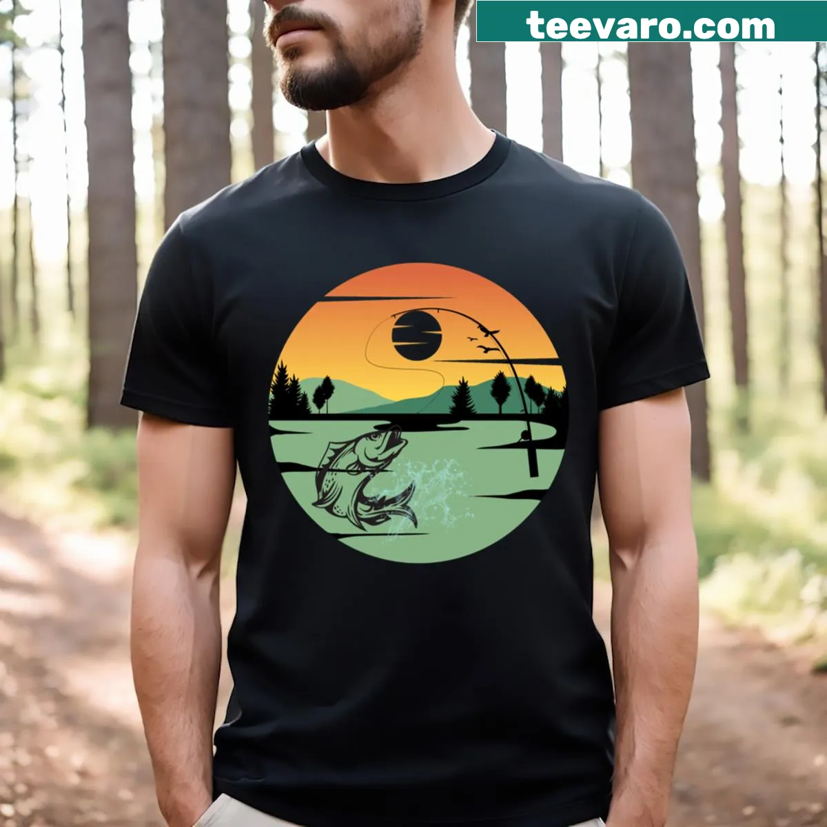 Illustrative fishing T-shirt depicting a fisherman by a lake — on a men's t-shirt