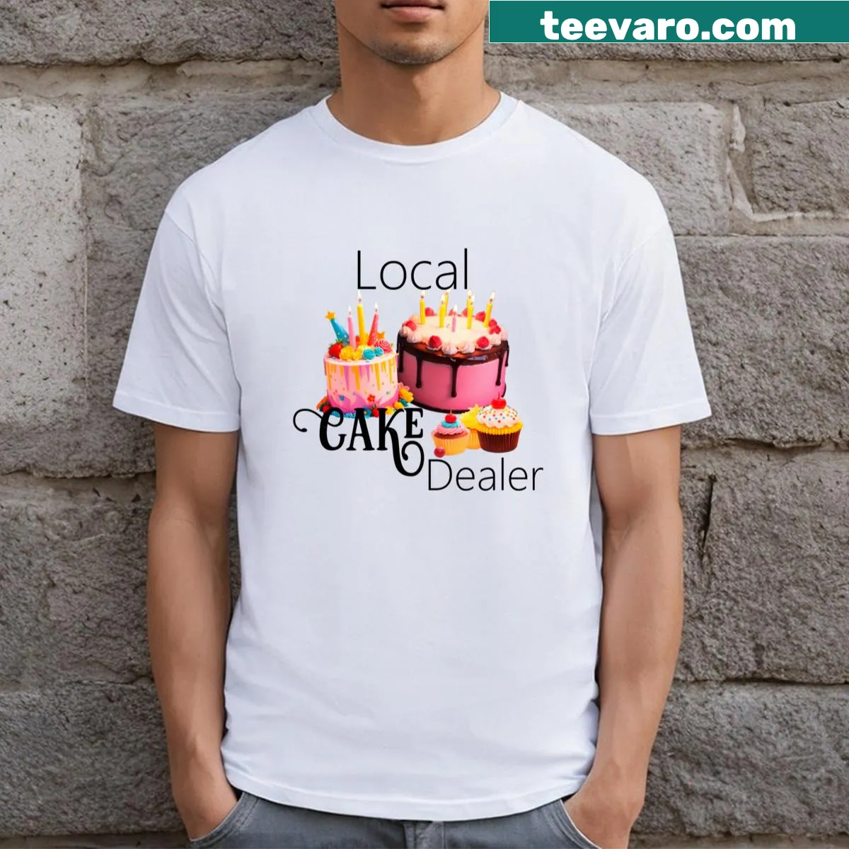 Playful T-shirt with whimsical graphic for cake lovers — on a men's t-shirt