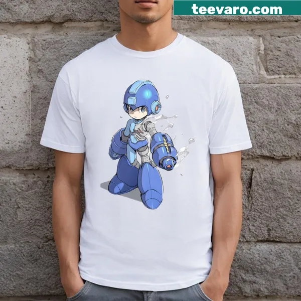 Illustration of Megaman in action on a gaming t-shirt