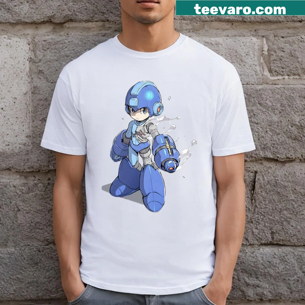 Illustration of Megaman in action on a gaming t-shirt — on a men's t-shirt