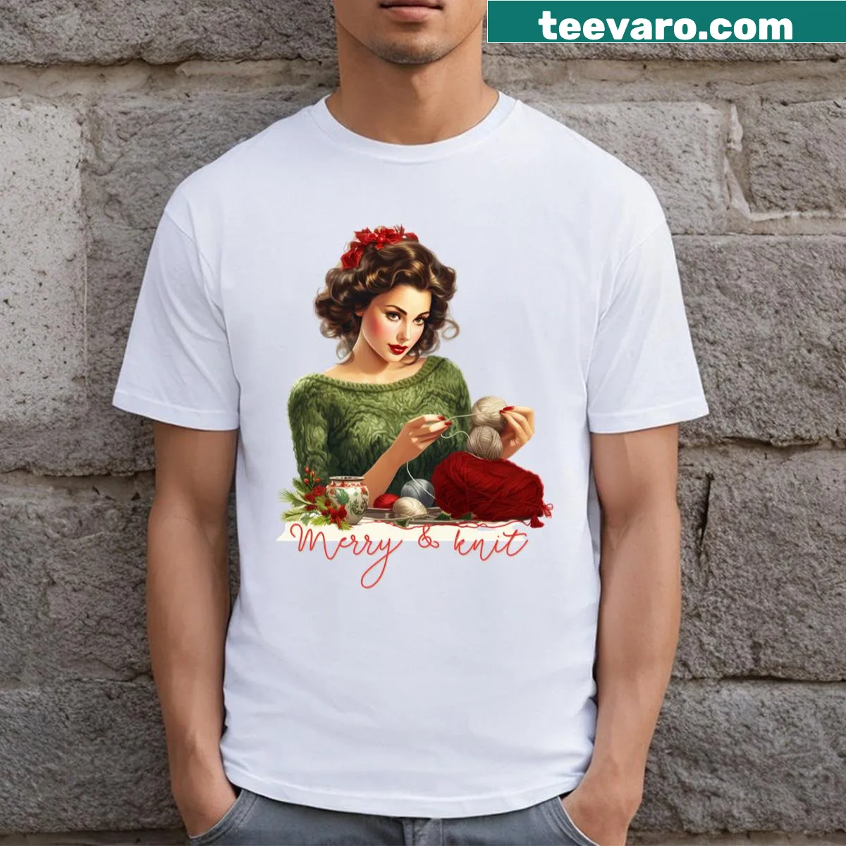 Holiday-themed T-shirt celebrating knitting — on a men's t-shirt