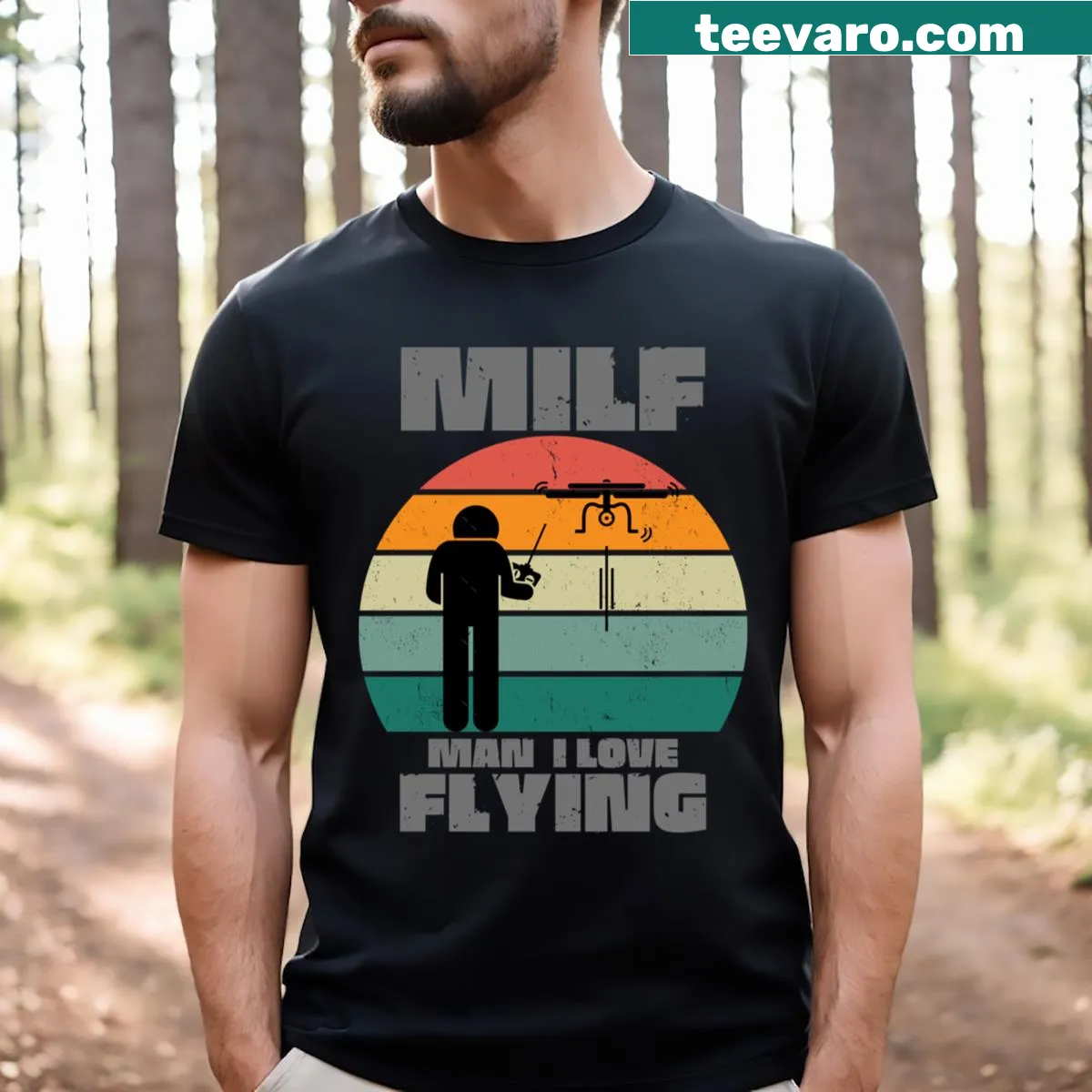 Funny drone-themed t-shirt with bold lettering and a drone illustration — on a men's t-shirt