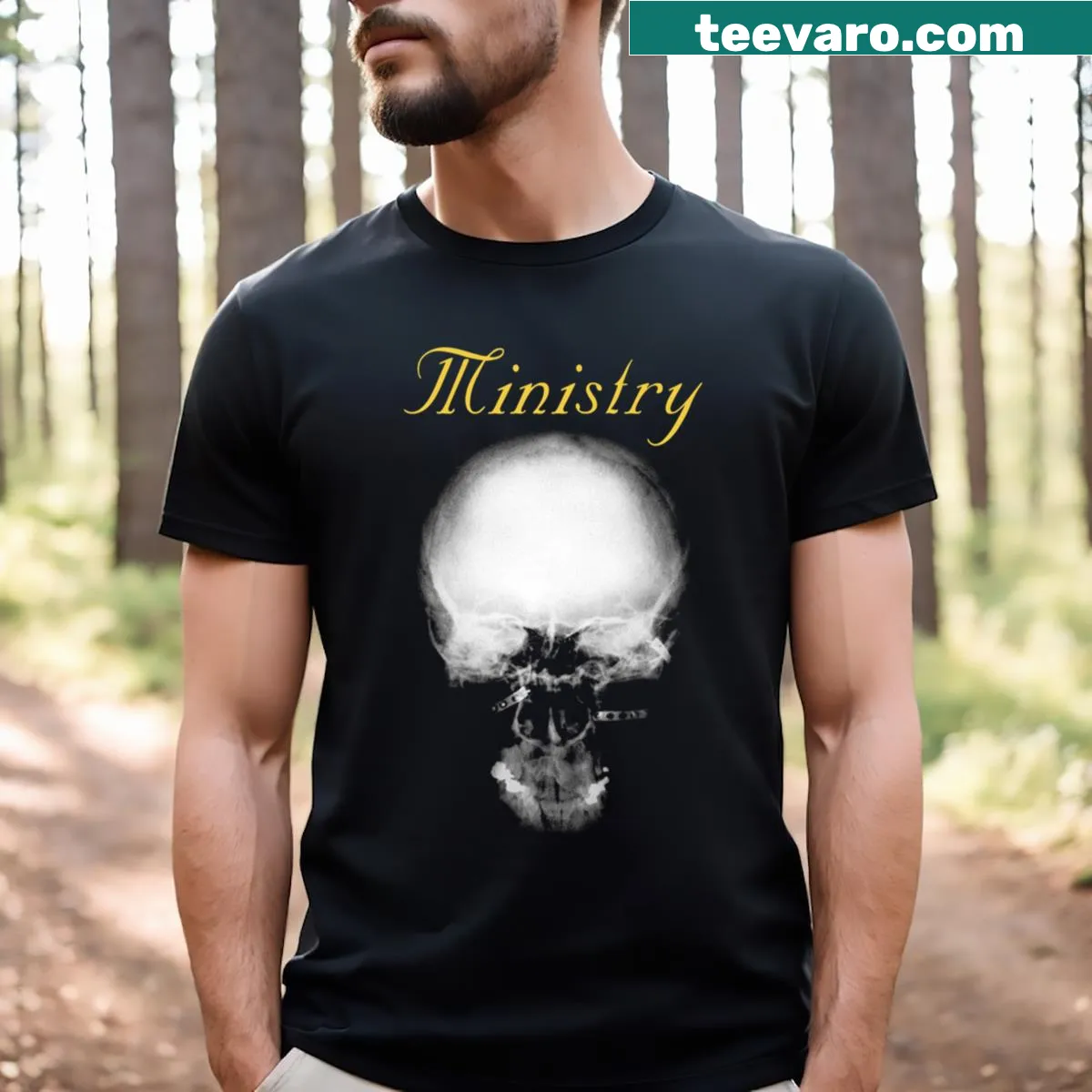 Ministry Band t-shirt featuring the band logo in a bold design. — on a men's t-shirt