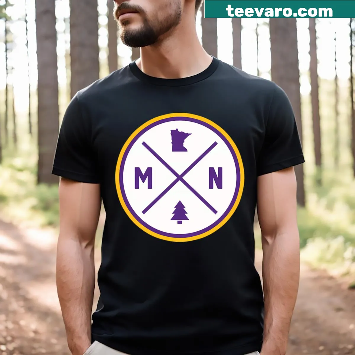 T-shirt featuring a circular Minnesota patch design — on a men's t-shirt