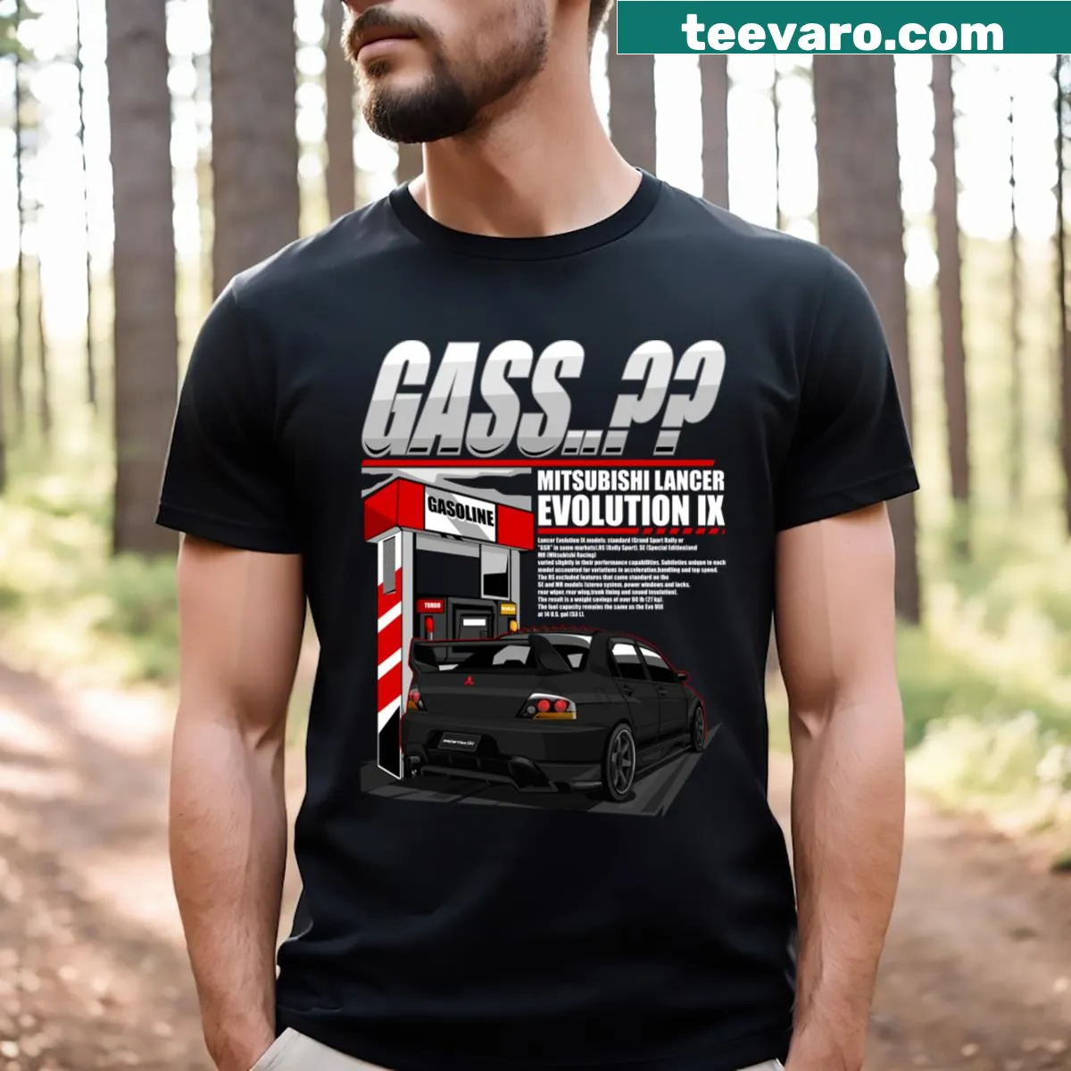 Illustrated Mitsubishi Lancer Evo IX at a gas station on black t-shirt — on a men's t-shirt