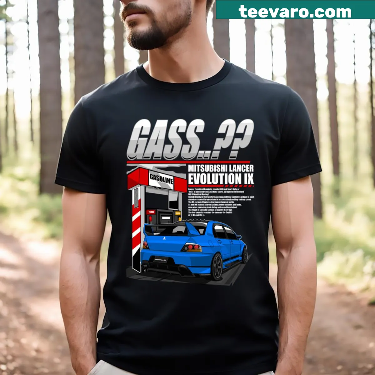 Mitsubishi Lancer Evo IX t-shirt depicting the car at a gas station. — on a men's t-shirt