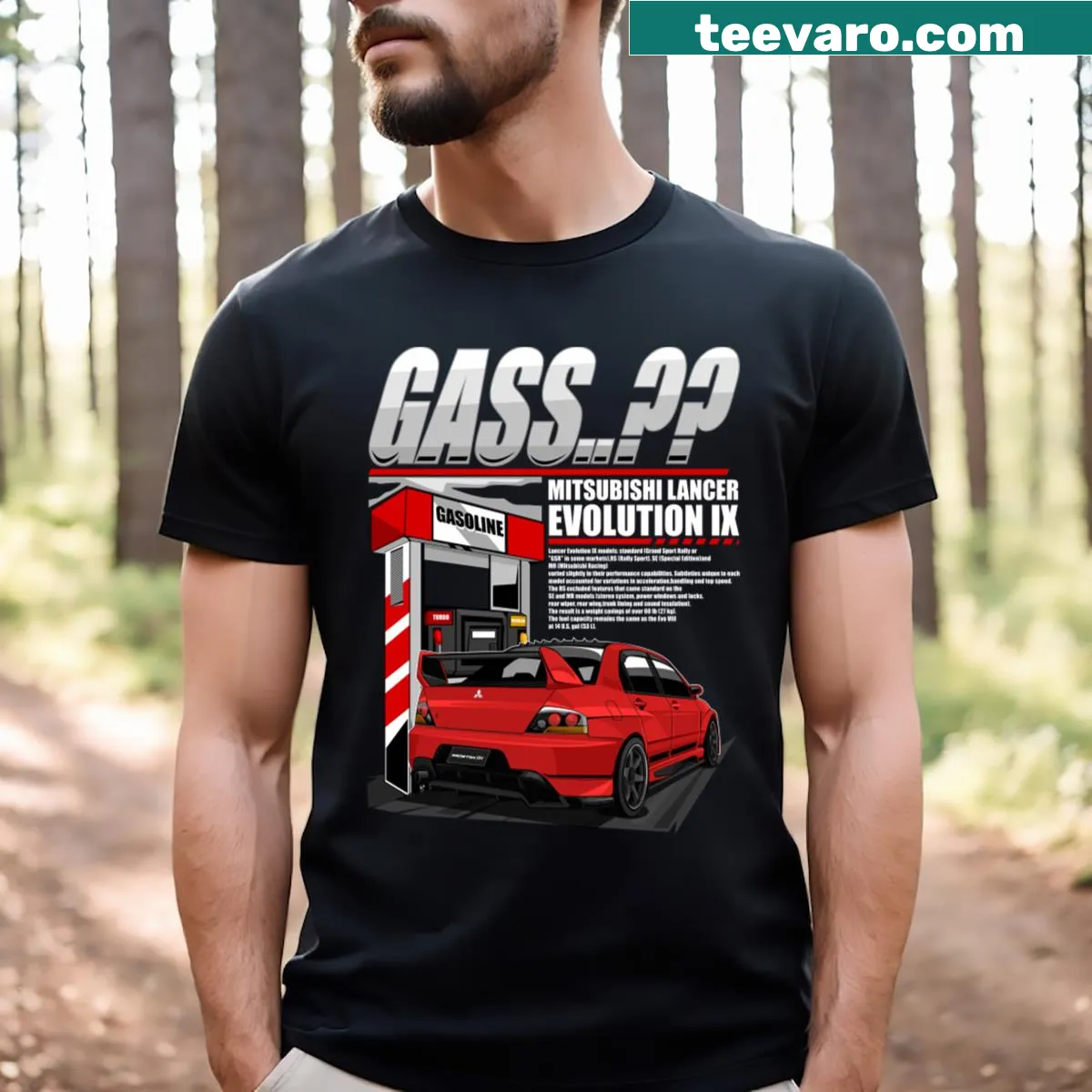Illustrated Mitsubishi Lancer Evo IX at a gas station on red t-shirt — on a men's t-shirt