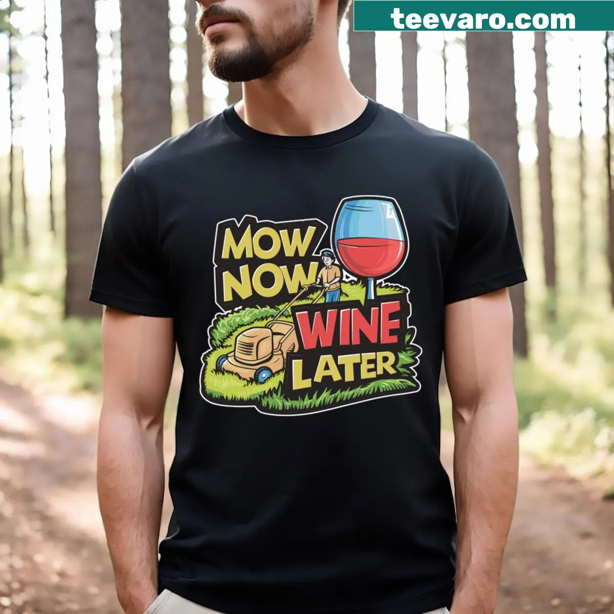 Humorous lawn mowing and wine themed t-shirt — on a men's t-shirt