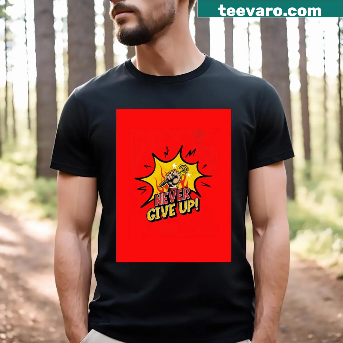 T-shirt stating 'Never Give Up' for ham radio operators — on a men's t-shirt
