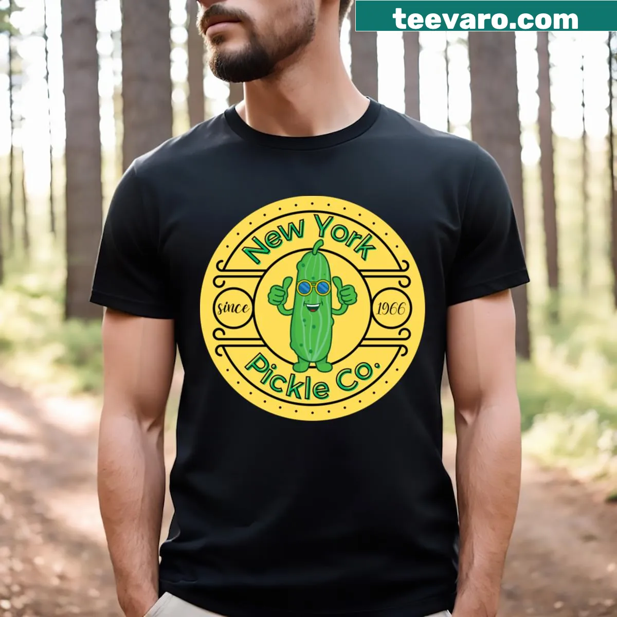 Playful design featuring a cartoon pickle with text — on a men's t-shirt