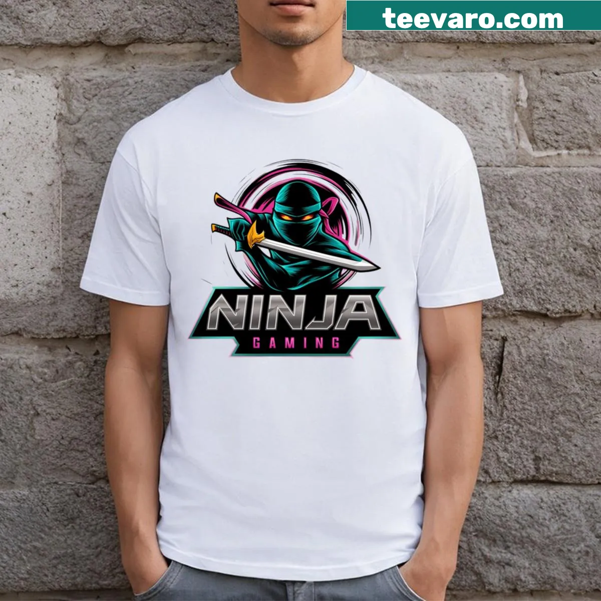 Dynamic ninja-themed T-shirt for gamers — on a men's t-shirt