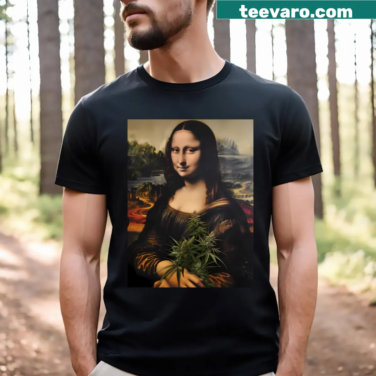 Illustrated T-shirt featuring playful cannabis leaves and a Mona Lisa design — on a men's t-shirt