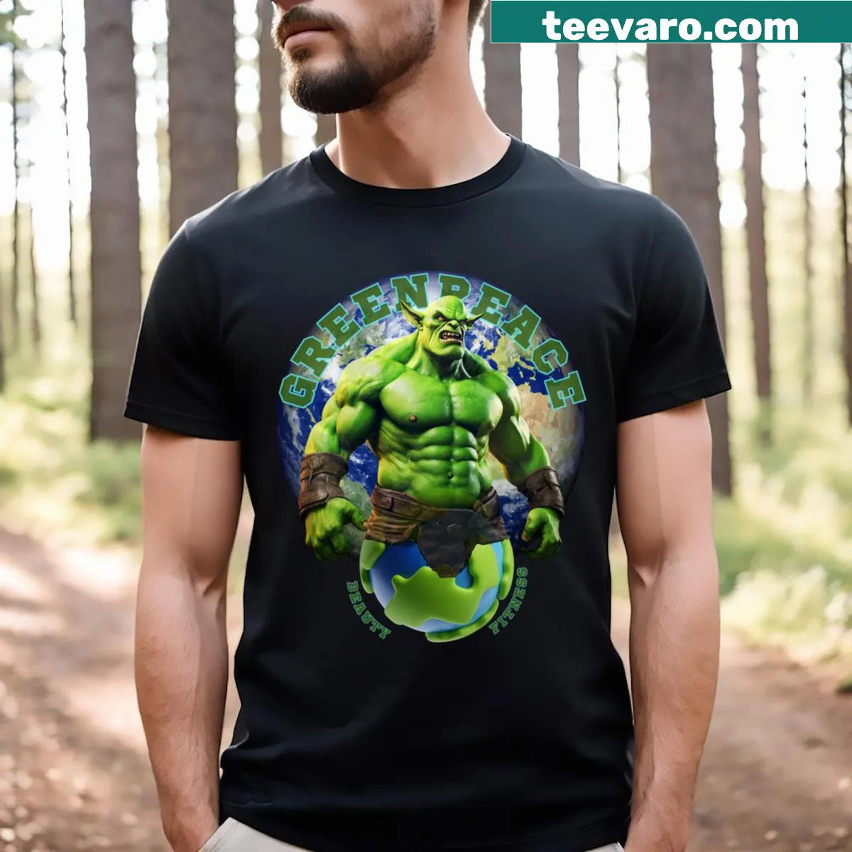 Typography T-shirt with the phrase 'Ogre Beauty' emphasizing fitness and strength — on a men's t-shirt