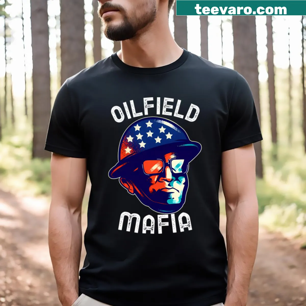Badge-emblem T-shirt celebrating oilfield workers with 'Oilfield Mafia Roughneck' design — on a men's t-shirt