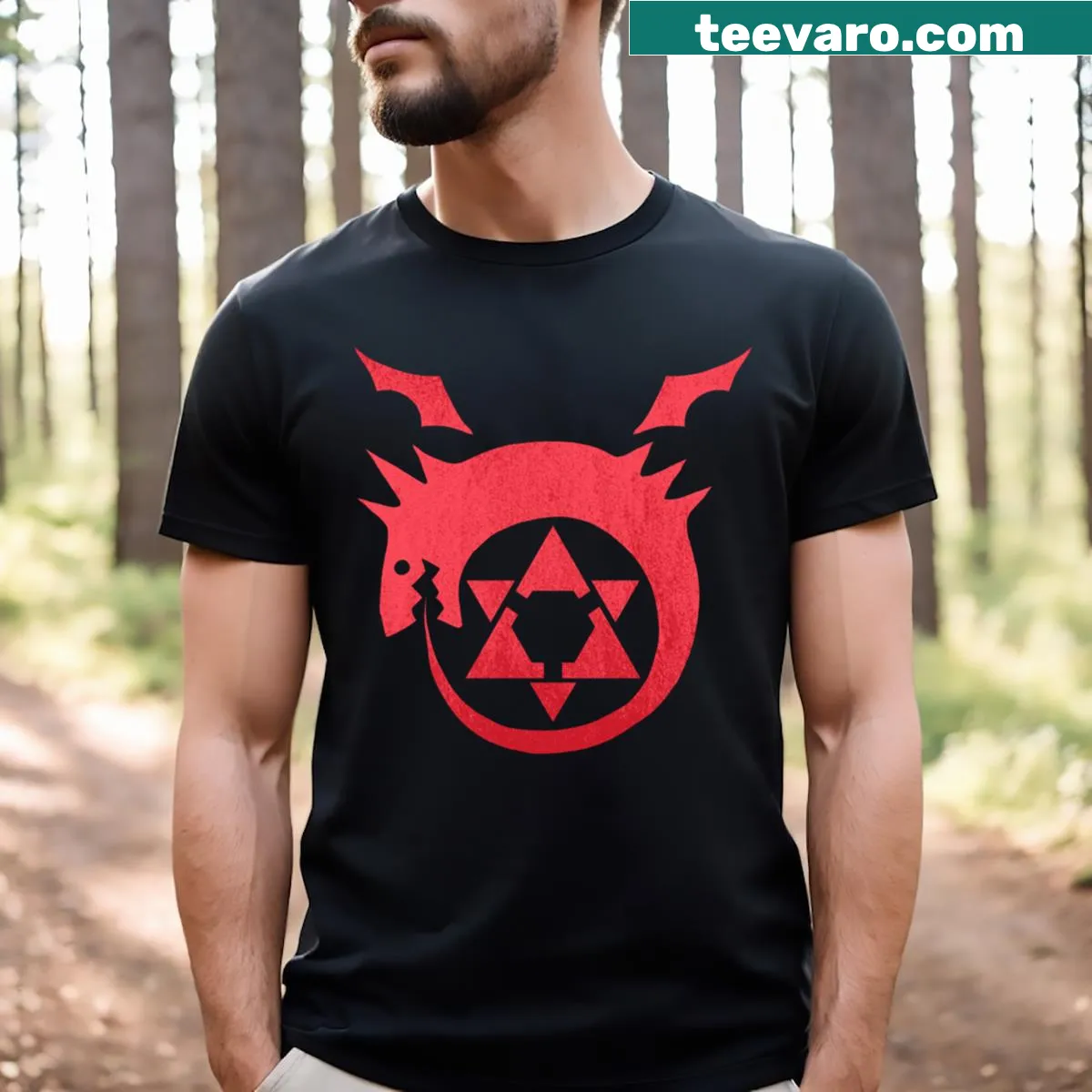 Minimalist Ouroboros design on a t-shirt symbolizing eternity. — on a men's t-shirt