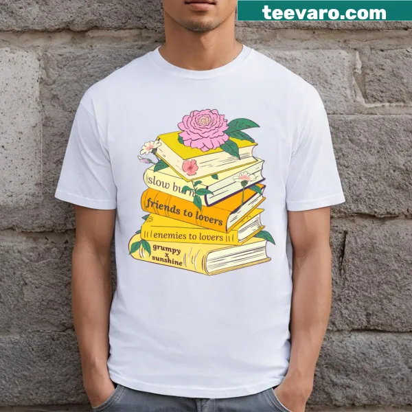 Illustration of romance books and flowers on a T-shirt