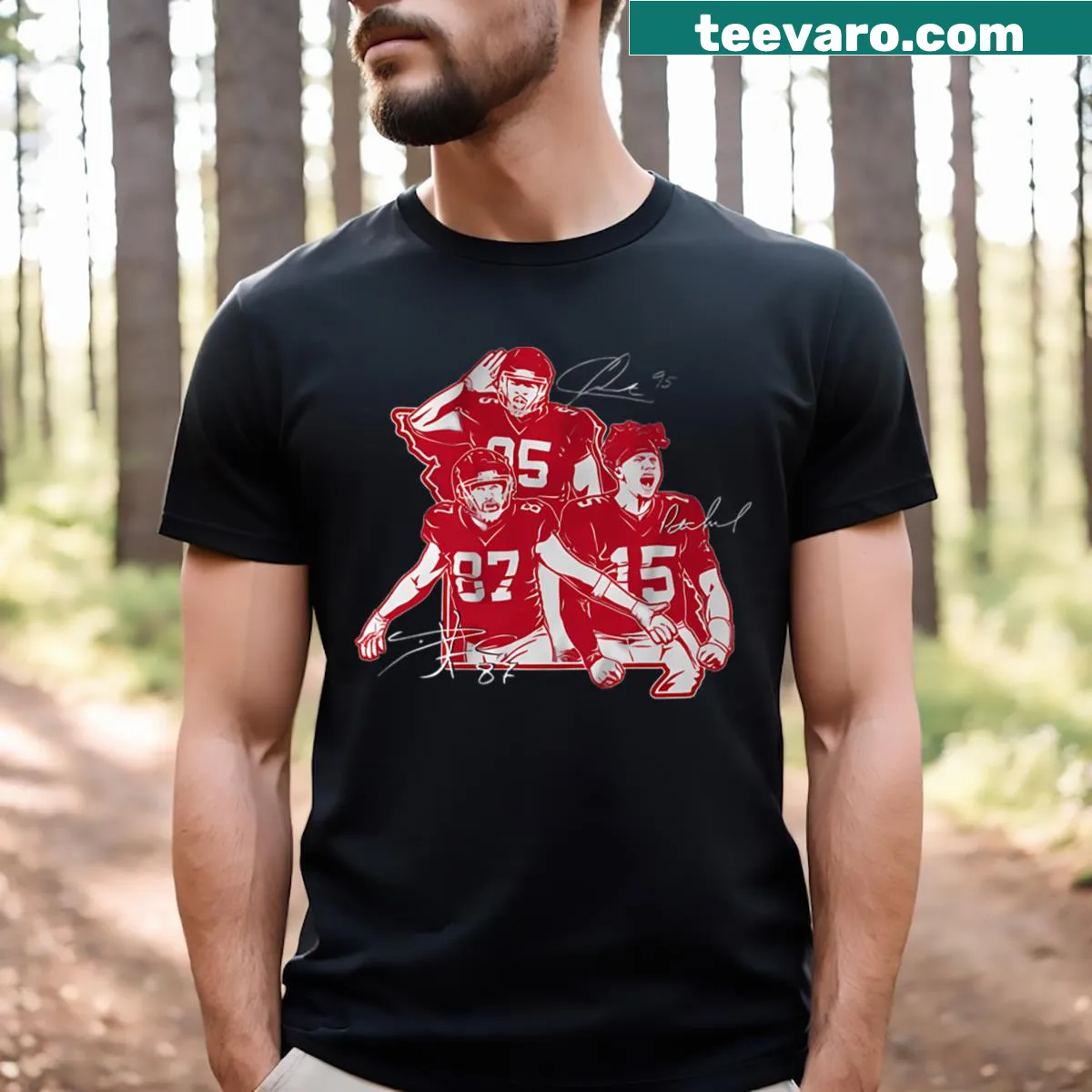 Collage of Patrick Mahomes, Travis Kelce, and Chris Jones on t-shirt — on a men's t-shirt