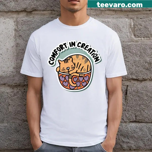 T-shirt featuring a cute illustration of a cat in a pottery bowl