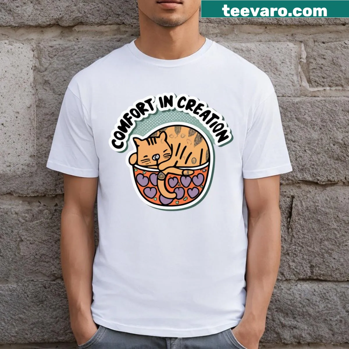 T-shirt featuring a cute illustration of a cat in a pottery bowl — on a men's t-shirt