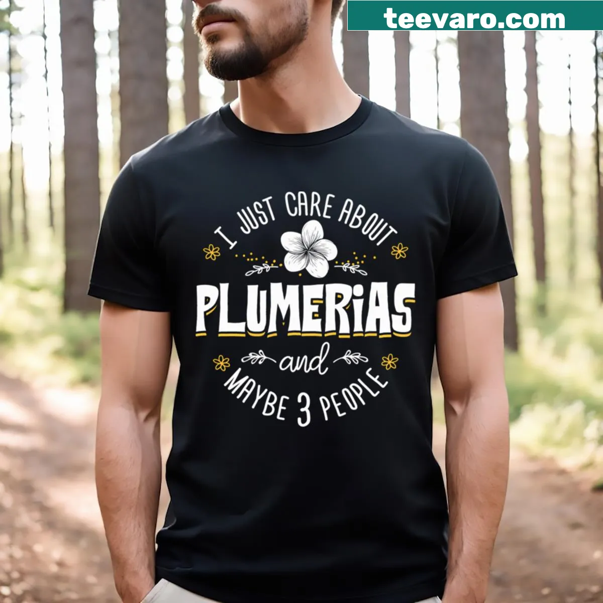 T-shirt featuring a design focused on plumeria flowers — on a men's t-shirt