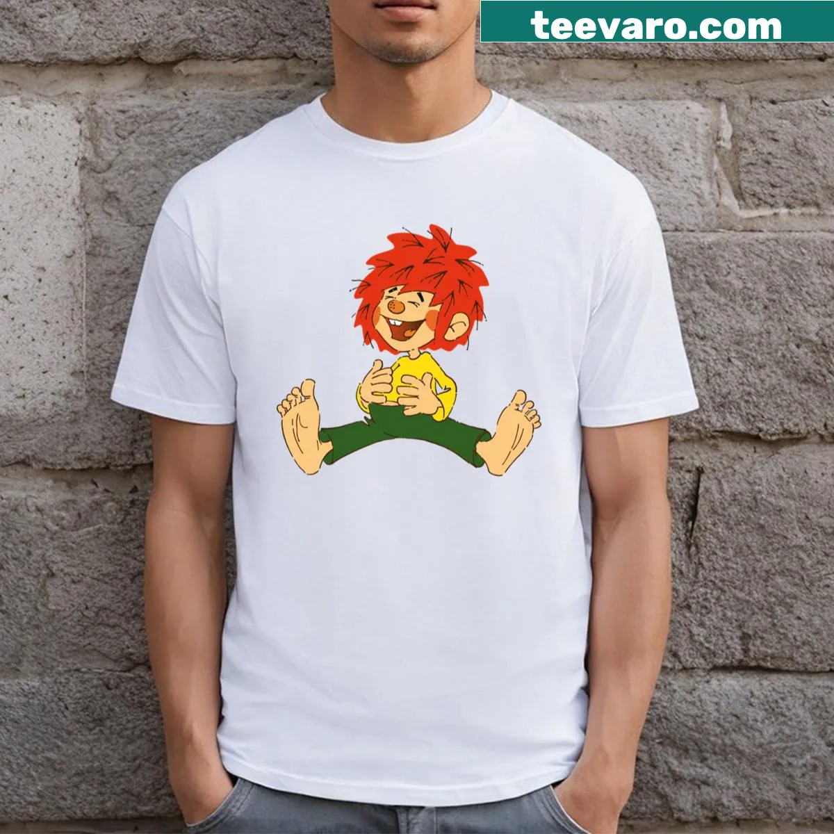 Illustrated Pumuckl character t-shirt with cheerful design — on a men's t-shirt