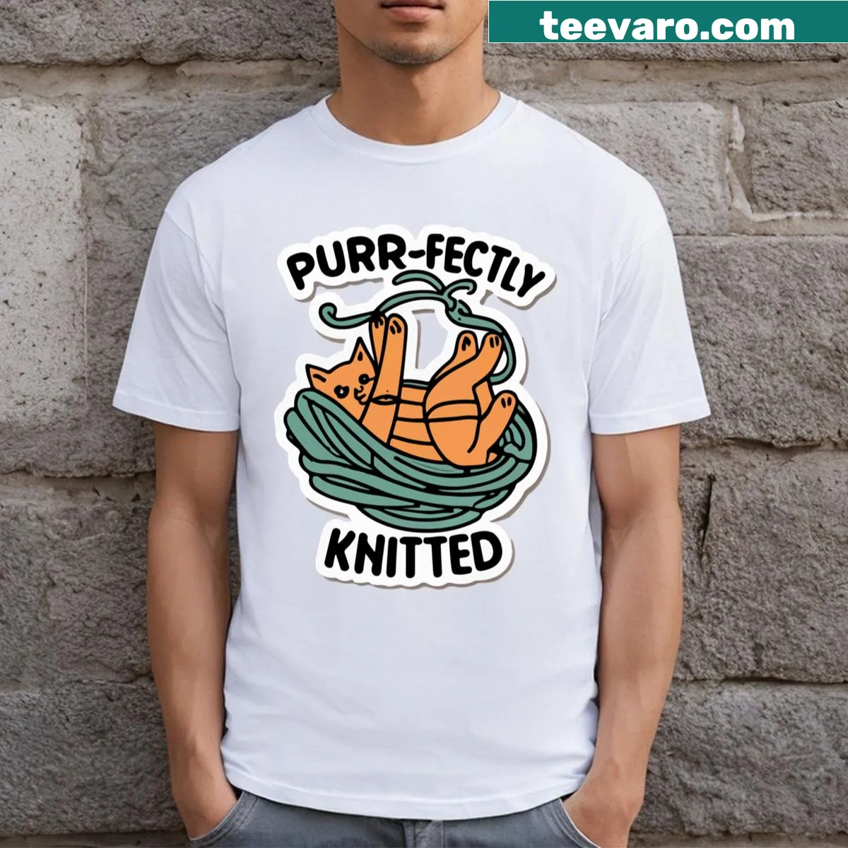 Illustrated cat playfully tangled in yarn on a knitted design t-shirt — on a men's t-shirt