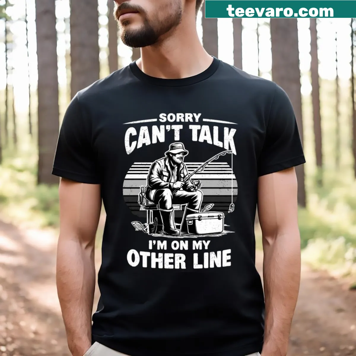 Illustrative fishing scene on a tranquil lake t-shirt — on a men's t-shirt