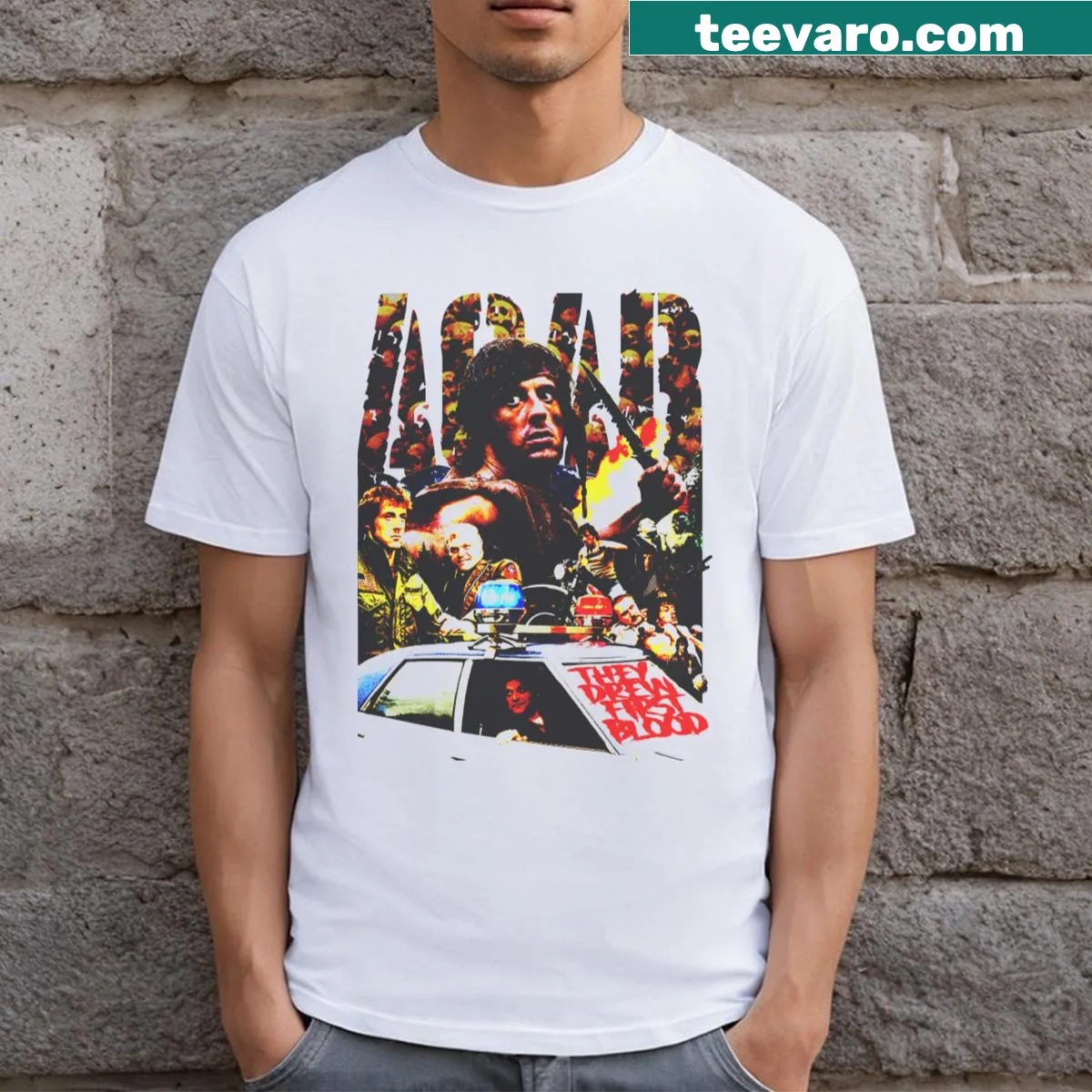 Vintage-style T-shirt featuring Rambo graphic with distressed design — on a men's t-shirt