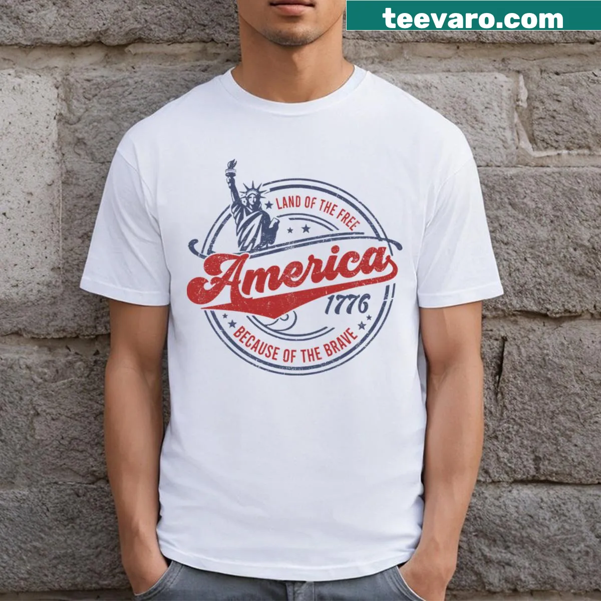 Groovy Fourth of July T-shirt with a humorous patriotic design — on a men's t-shirt