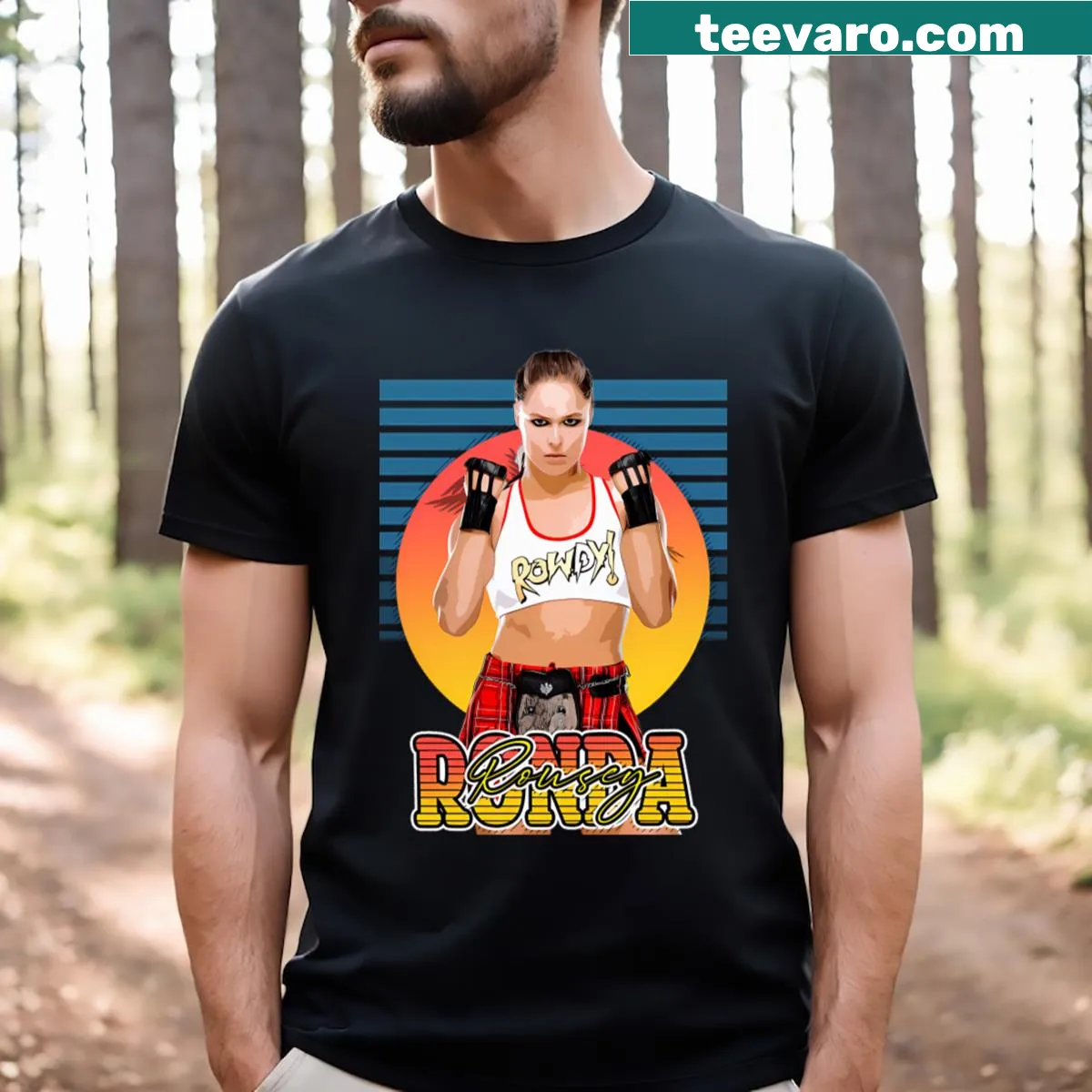 Illustrative t-shirt featuring Ronda Rousey in retro style — on a men's t-shirt