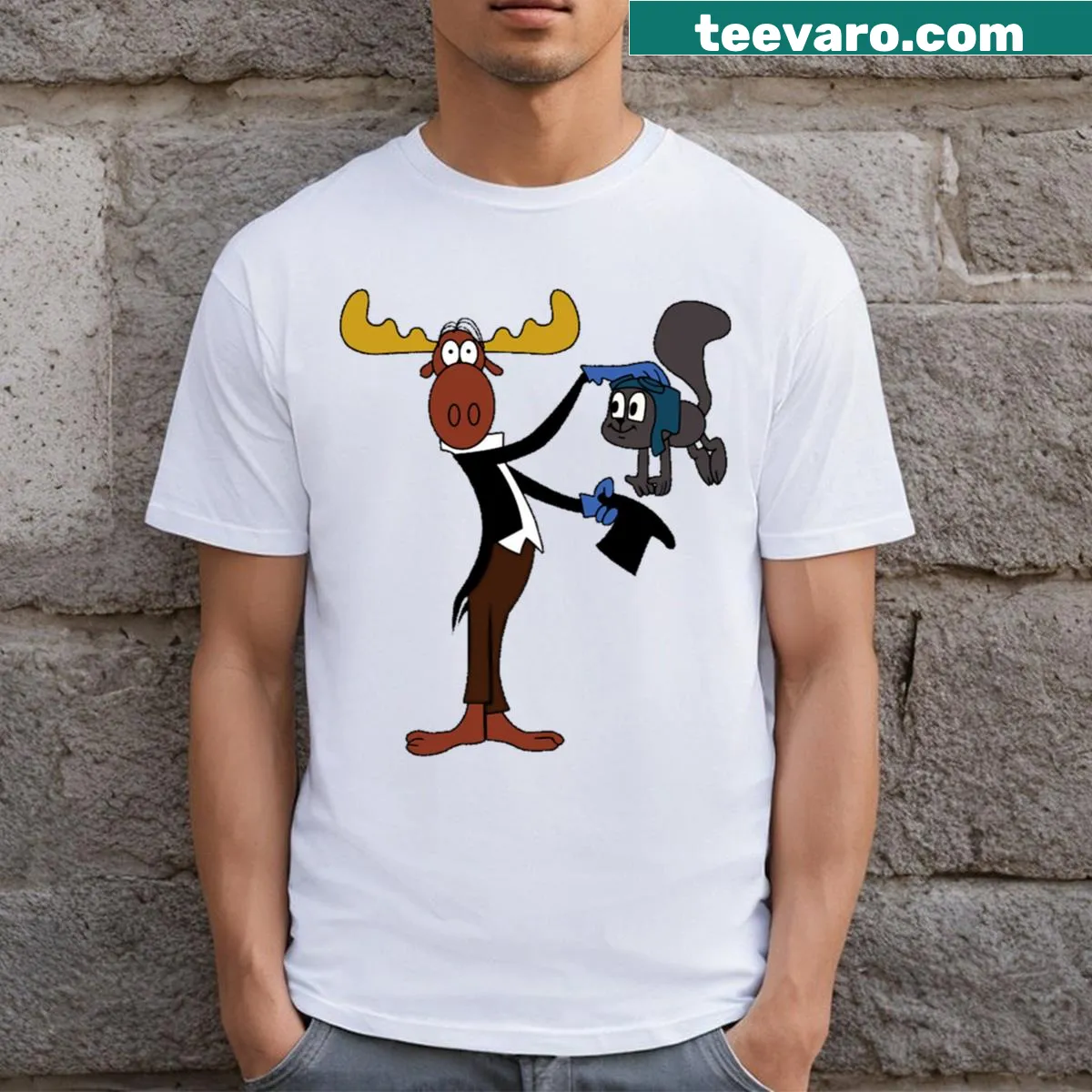Rocky and Bullwinkle Show characters illustrated on T-shirt — on a men's t-shirt