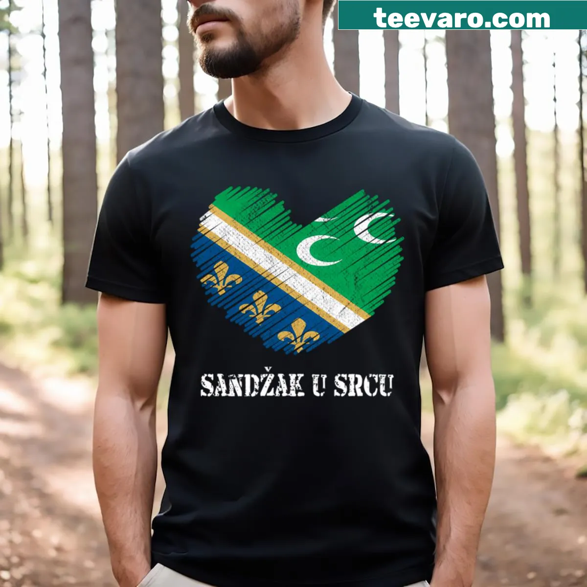 Text-based design featuring 'Sandzak U Srcu Sandzak' on a T-shirt — on a men's t-shirt