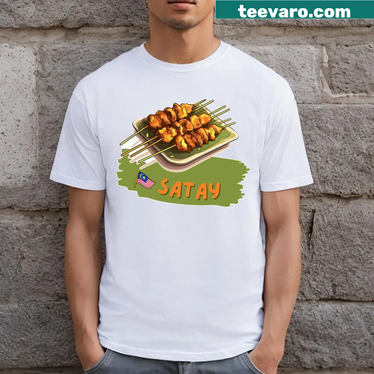 Typography T-shirt celebrating Satay Malaysian Cuisine — on a men's t-shirt