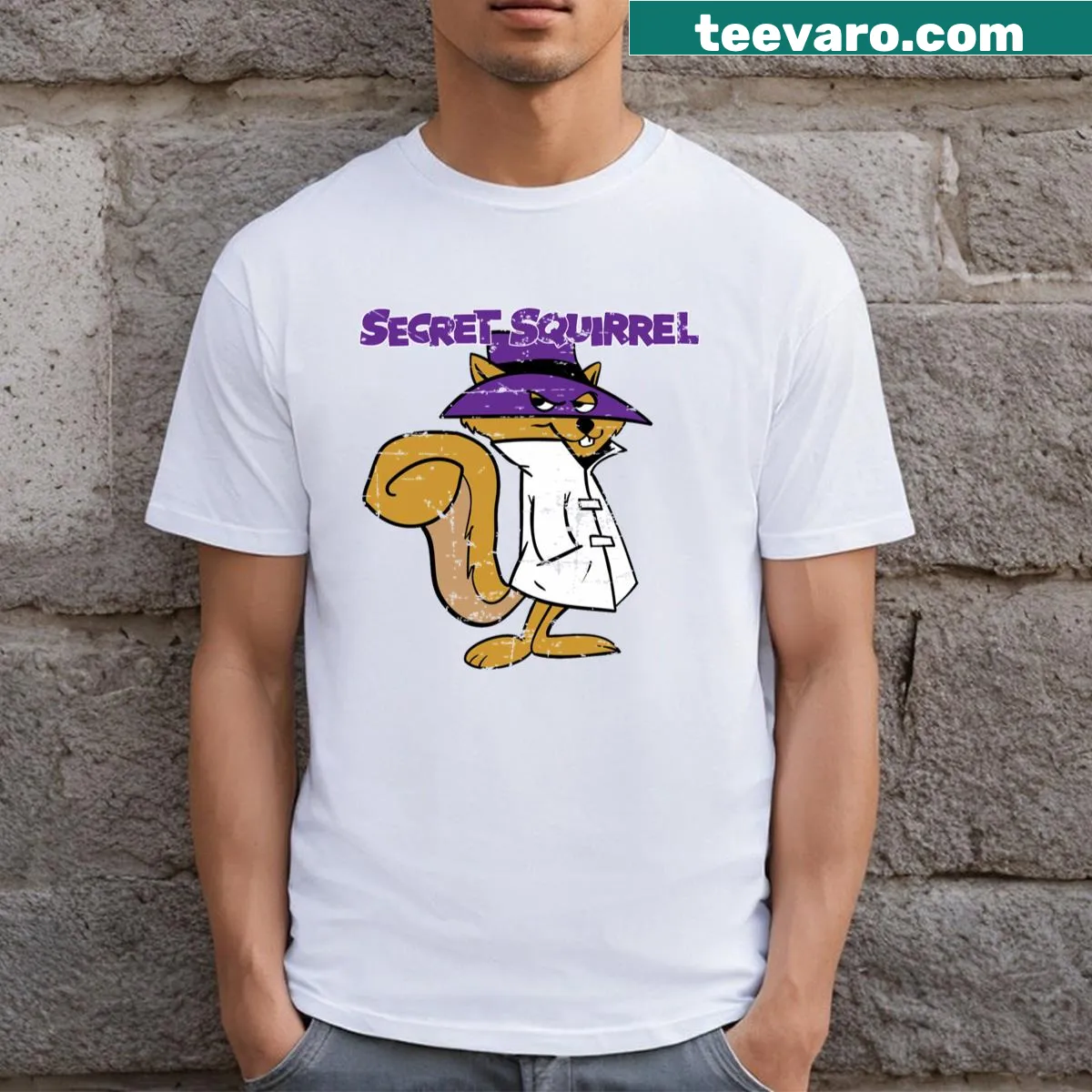 Cartoon Secret Squirrel design on a T-shirt — on a men's t-shirt